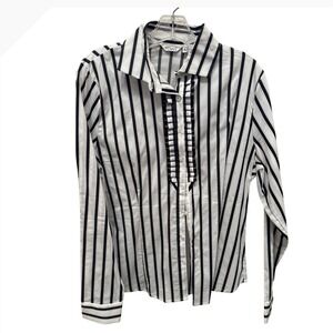 Ravel Womens XL Black White Striped Ruffle Front Button Down Blouse Tuxedo Top